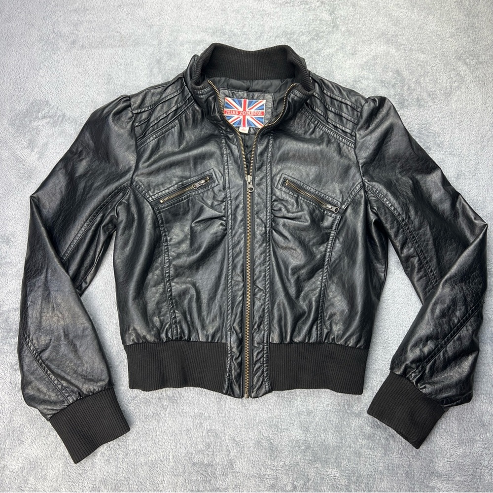 Y2K Miss London Youth Girls Large Black Faux Leather Bomber Jacket **See Pics**